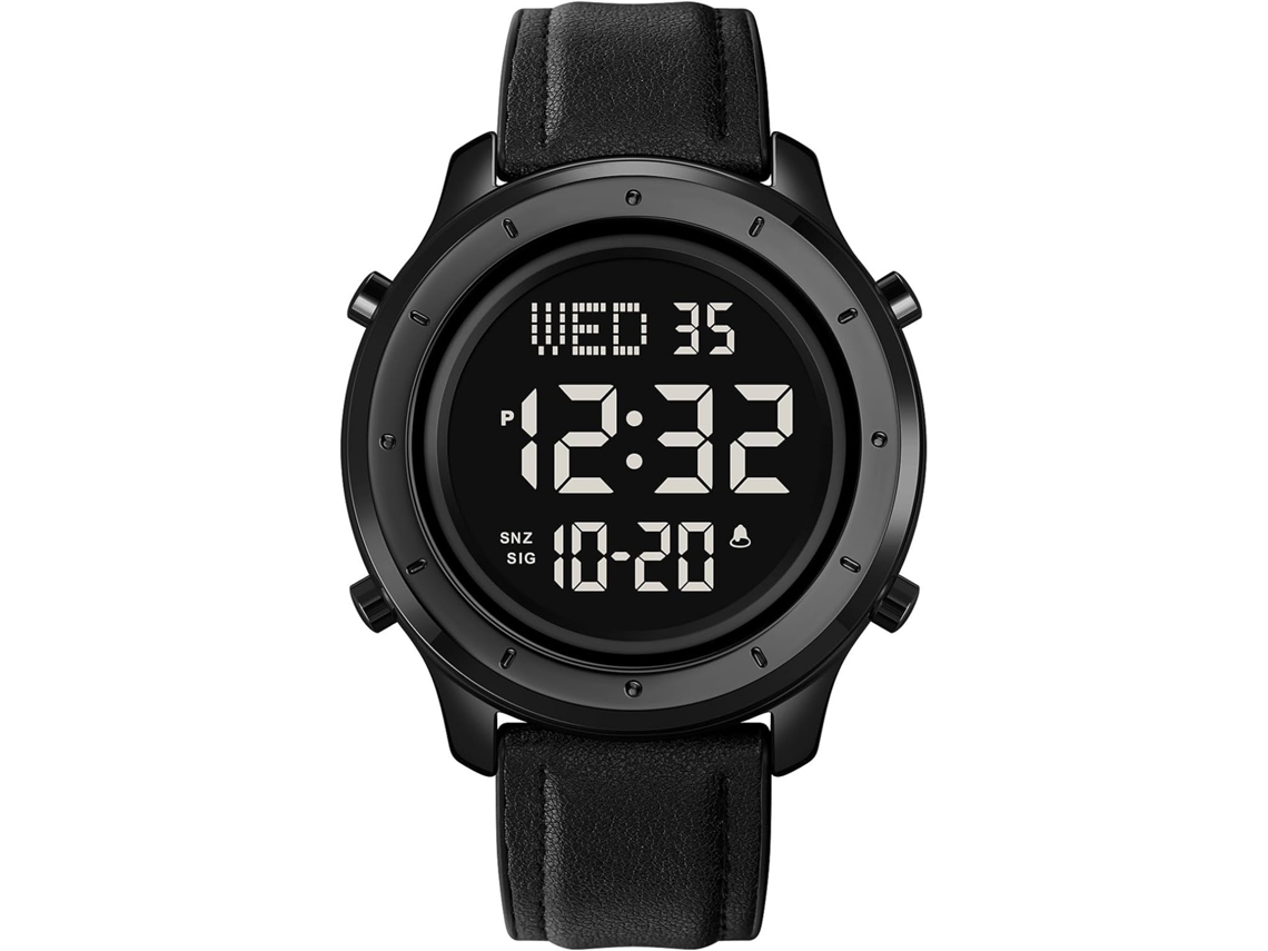 Lurelia Relógio Digital Masculino, Visor Digital, Led, Cronómetro, Alarme, Data/calendário, 12/24h, Duplo Fuso/mostrador, Aço Inoxidável, Couro, Preto