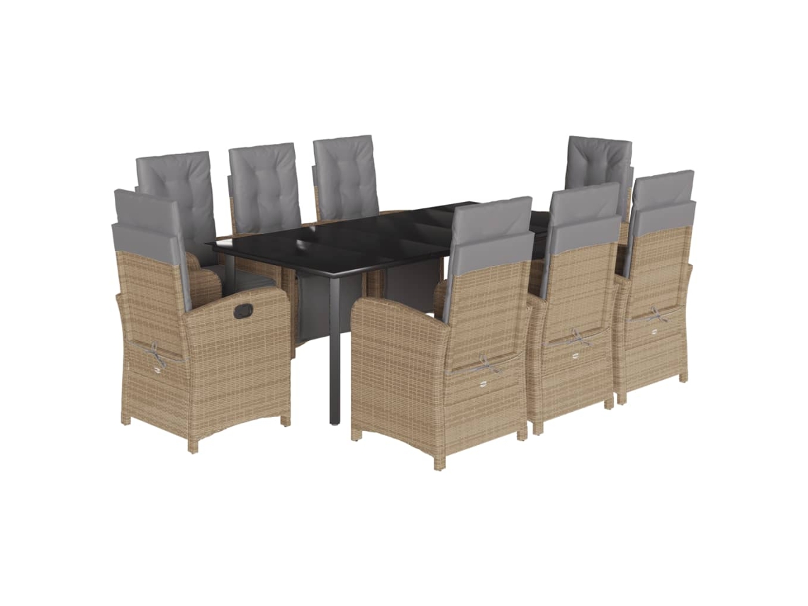 Vidaxl 9 Pcs Conjunto De Jantar P/ Jardim Com Almofadões Vime Pe Bege