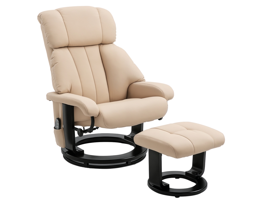 Poltrona Reclinável +banquinho, Massagem/controle Remoto, Couro Sintético, Branco Creme, Sala