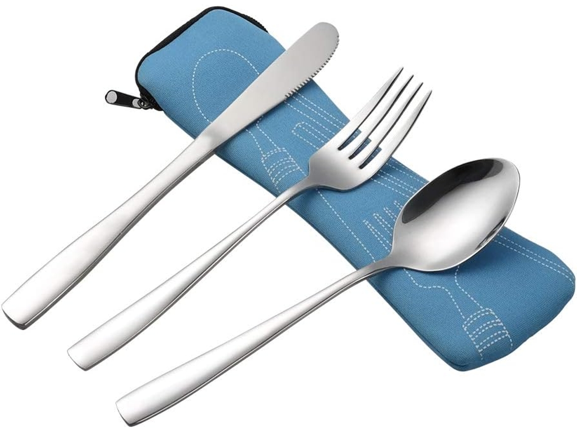 Talheres Camping Portáteis Azul Inox, Kit Outdoor Viagem DUREFORWARD