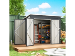 Cabana de Jardim em Metal, Abrigo de Jardim Exterior com Porta Tripla, Trancável, Telhado Inclinado, Ventilação, 234x132x185cm, Cinza