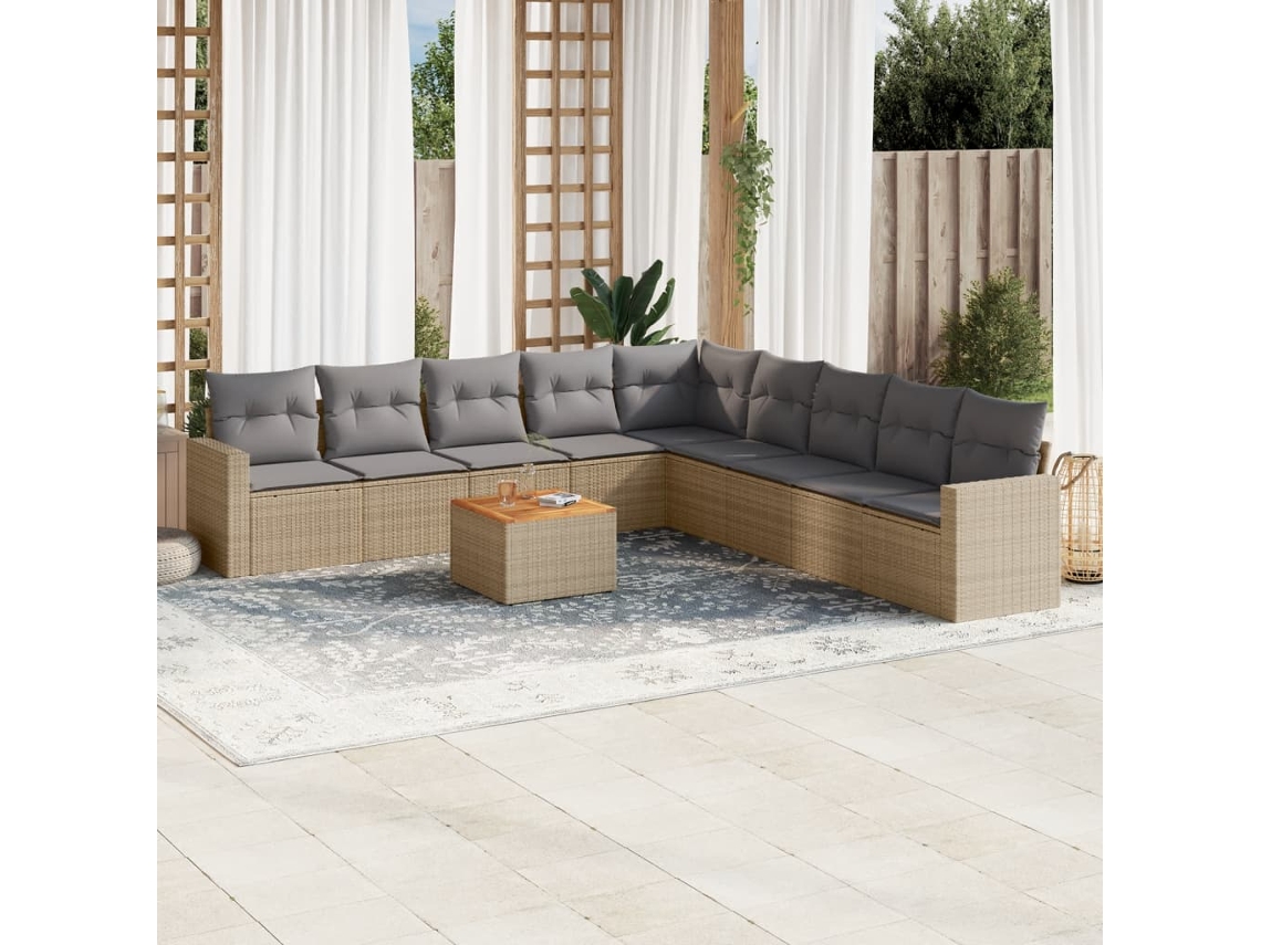 Vidaxl 10 Pcs Conj. Sofás Jardim C/ Almofadões Vime Pe Bege Misturado