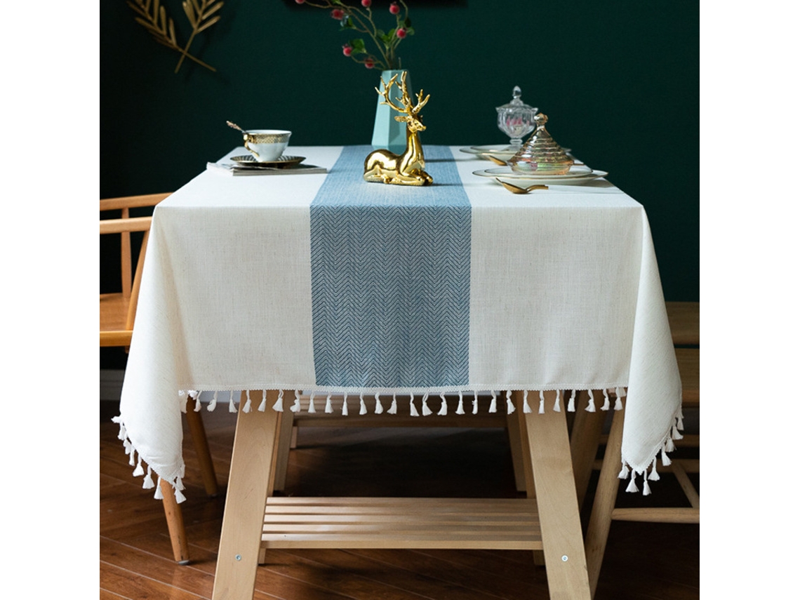 Lurelia Toalha De Mesa Retangular Algodão Linho Poliéster Azul 9090 Cm Lavável Antirrugas Bordado Borlas