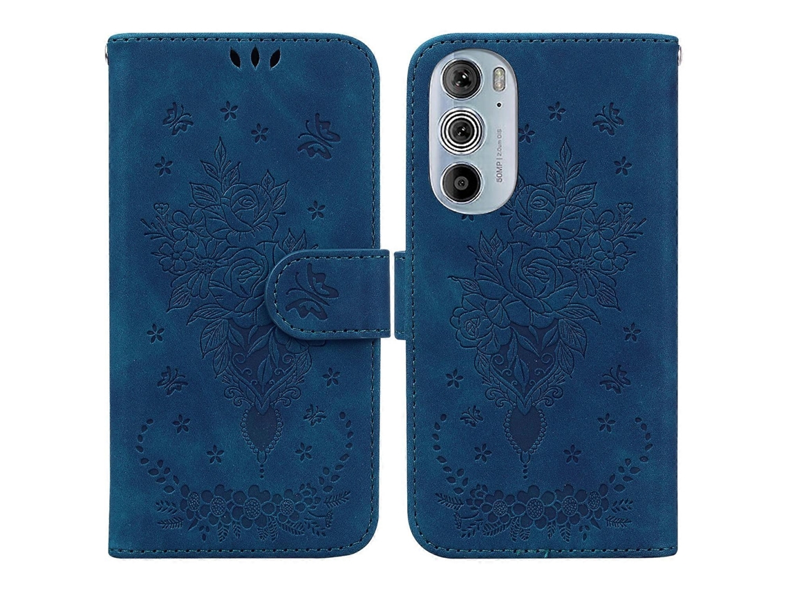 Capa De Celular Em Couro Com Estampa De Borboleta E Rosa Para Motorola Edge+ 2022 / Edge 30 Pro