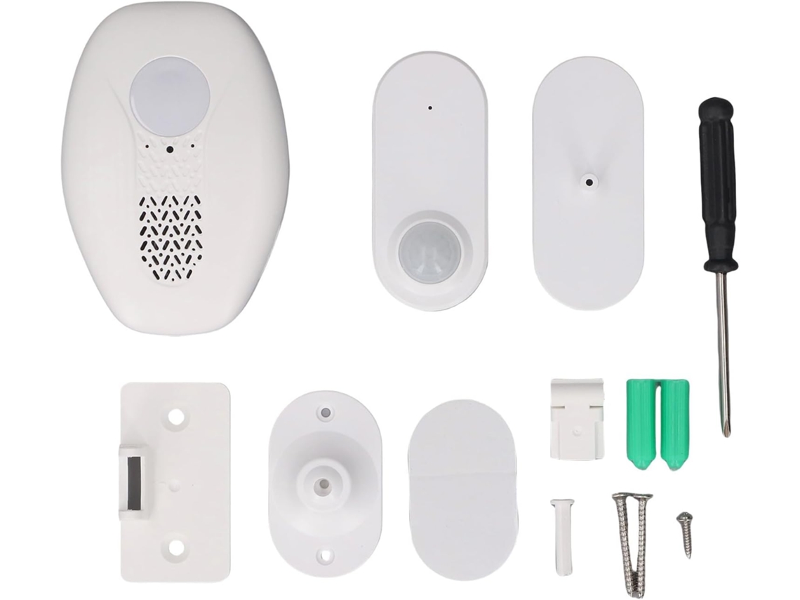 Campainha com sensor infravermelho, alcance de 30 metros, 80 dB, volume ajustável, alerta silencioso com um toque.