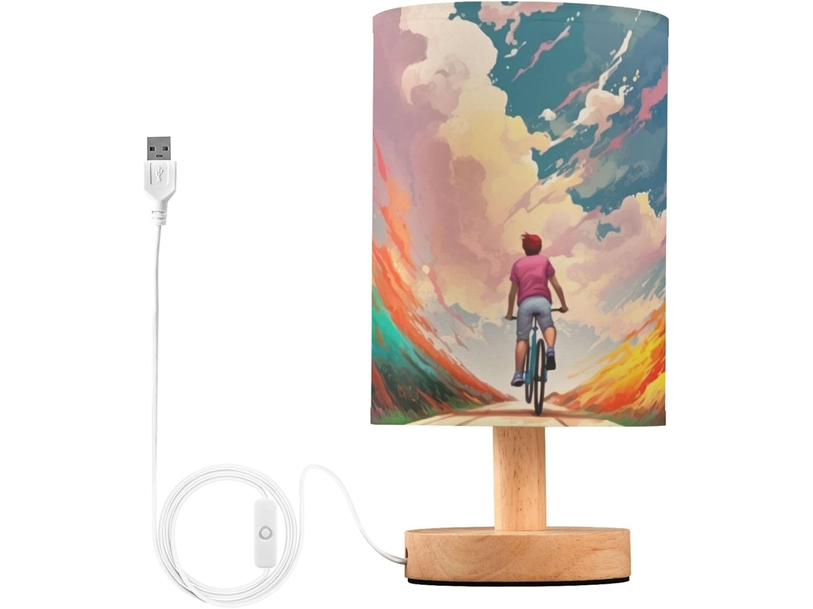 Luminária De Cabeceira Led Com Desenho Menina Ciclista, Ideal Para Quarto, Leitura Com Cúpula De Tecido, Base De Madeira