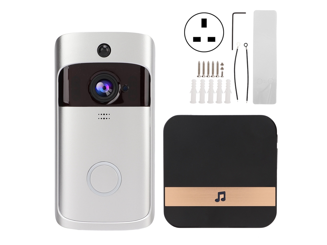 Timbre De Porta Inteligente Sem Fio Wifi Com Vídeo Controle Remoto App Intercom Detector De Movimento Pir Prata 90‑260v Plug Uk