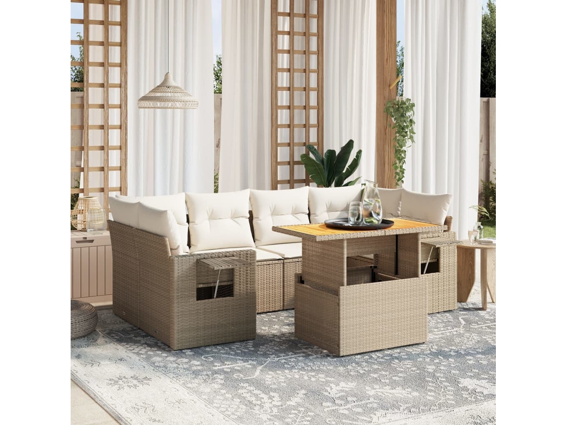 Vidaxl 7 Pcs Conjunto De Sofás P/ Jardim Com Almofadões Vime Pe Bege