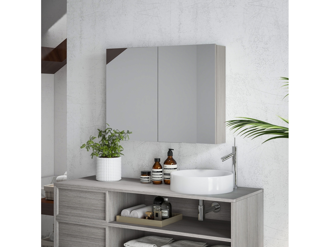 Armário de Parede para Banheiro com Espelho, Portas Duplas e Prateleiras Ajustáveis, 80x15x60cm Cinza | S/MARCA