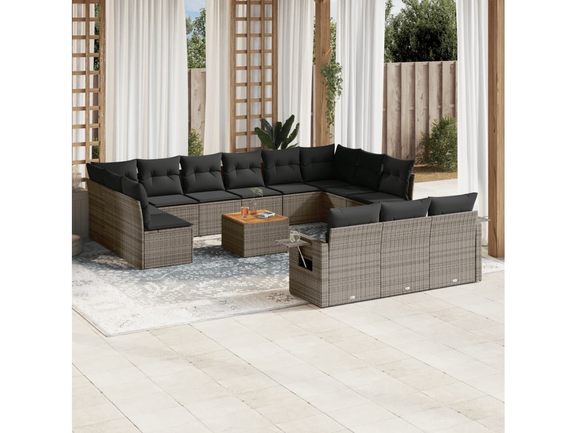 14 Pcs Conjunto Sofás P/ Jardim C/ Almofadões Vime Pe Cinza Dkd Home Decor