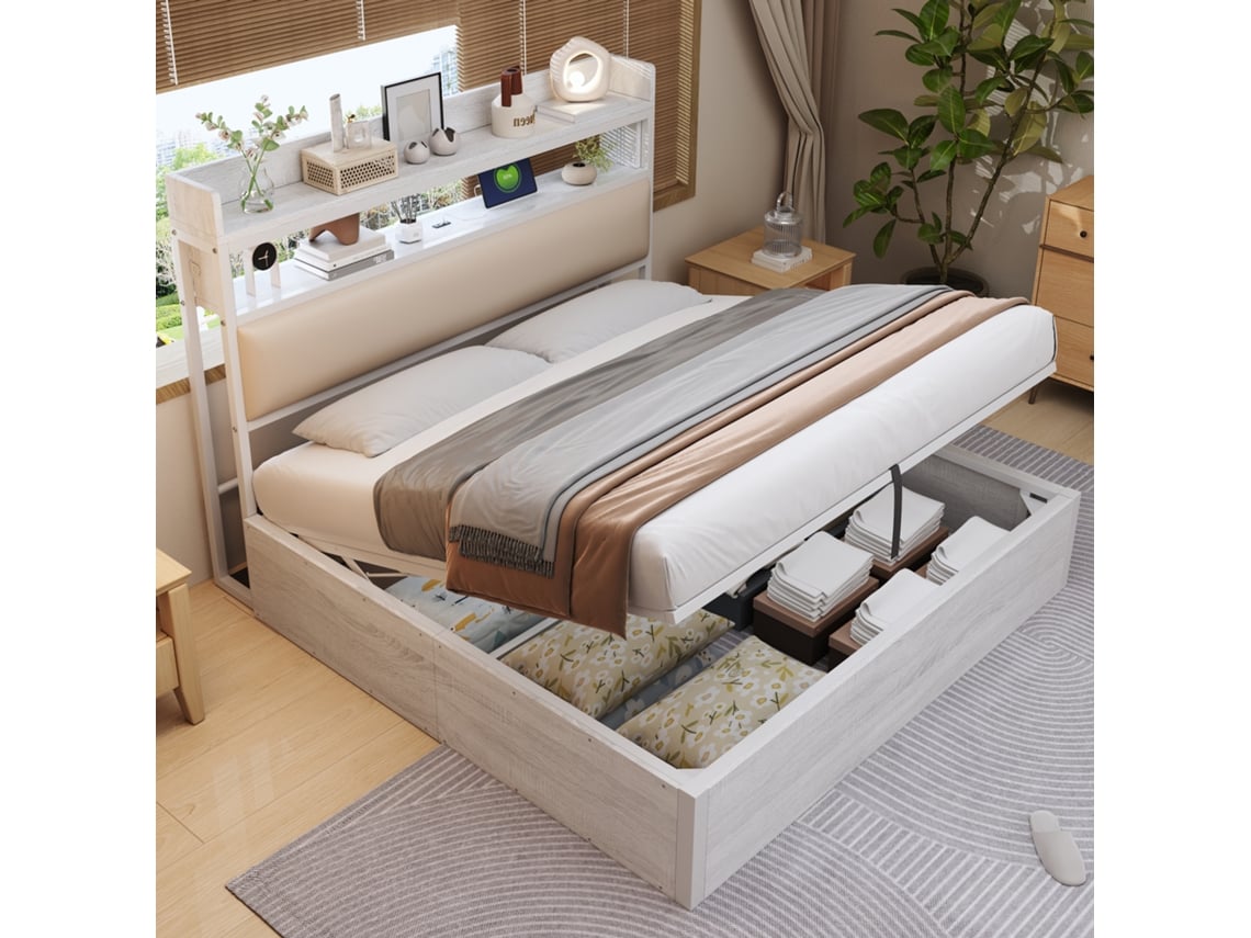 Cama Casal 180x200 Hidráulica Usb Estofado Armário Vintage Branco