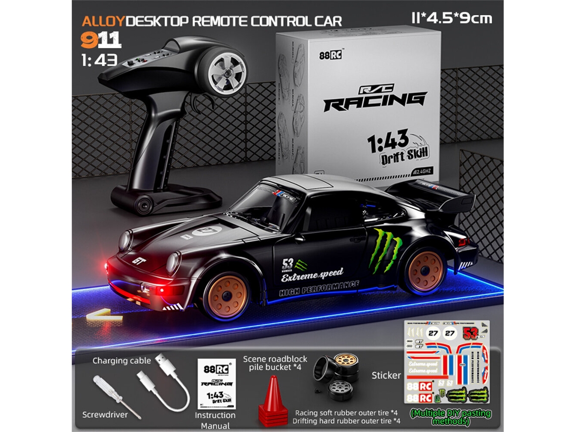 Amarelo 88rc 911 Rtr 1/43 2.4g 4wd Drift Giroscópio Liga Metálica Led Proporcional Alta Velocidade On road Brinquedo Meninos MDUG
