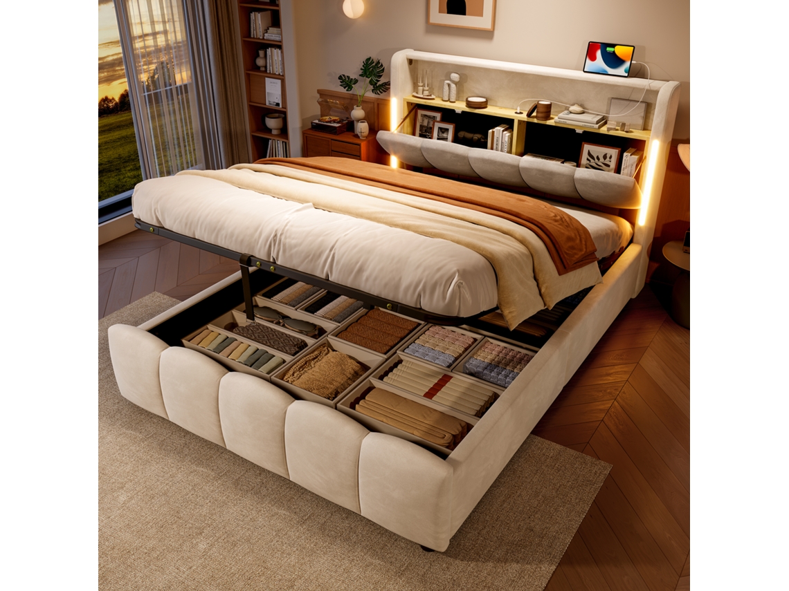 Cama Box 140x200 Cm Seda Bege Led Usb Typ-c Hidráulica Com Espaço De Armazenamento