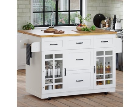 Ilha De Cozinha Movível Com Carrinho De Serviço E Prateleiras Ajustáveis 140x40x95cm,armário Branco Com 2 Portas E 5 Gavetas Mega Echo Trade Shop