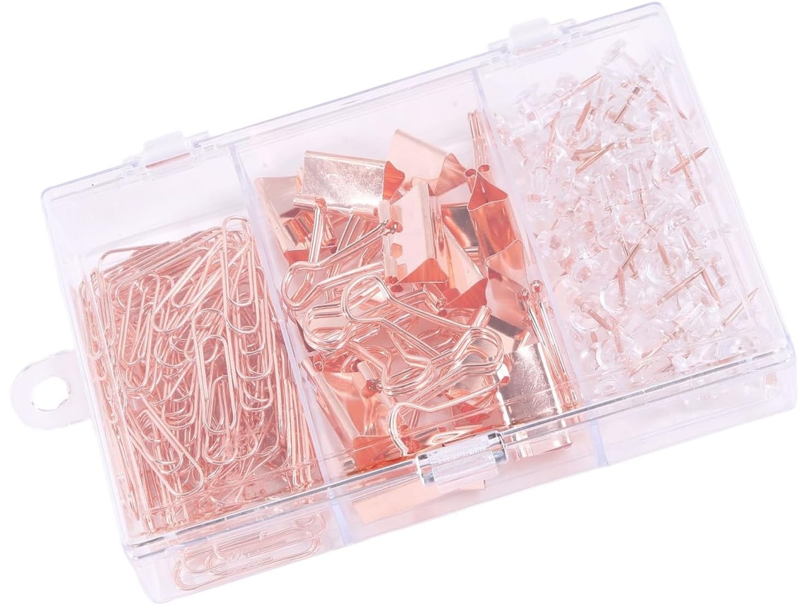 Conjunto com caixa de armazenamento prática e clipes de papel dourados.