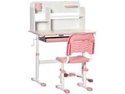 Conjunto Cadeira Escrivaninha Infantil Ajustável Mesa Inclinável 60° Gaveta Prateleiras Suporte Canetas Idade 3+ Anos Rosa