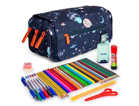 Design Estuche Triple De 3 Cremalleras Con Material Escolar Incluido. Cosmos Colepack