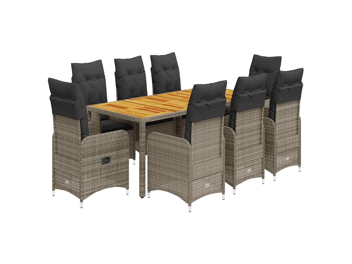 Conjunto 9 bistrô de jardim c/ almofadões VIDAXL vime PE cinzento