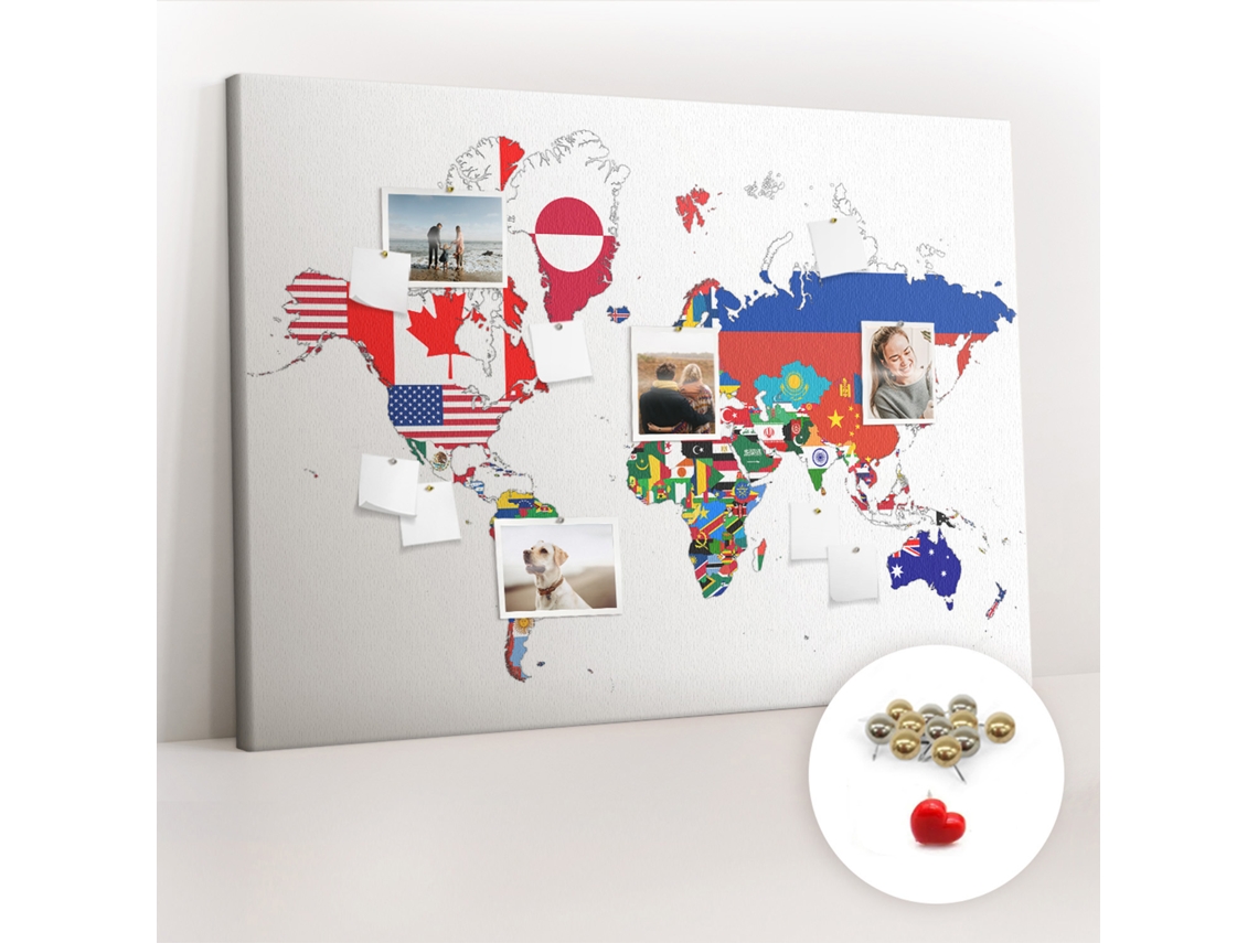 Quadro De Cortiça Com Impressão Mapa De Bandeiras Nacionais Para O Quarto Das Crianças Espelharte (140x100 Cm)