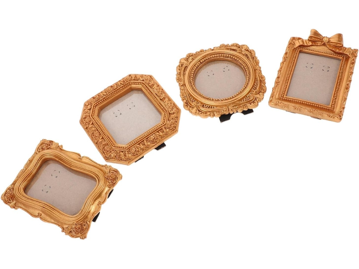 Conjunto 4 Porta Retratos Quadrados Dourados Resina Estilo Vitoriano Retrô Elegantes Fáceis Limpar Ideais GOKOCO
