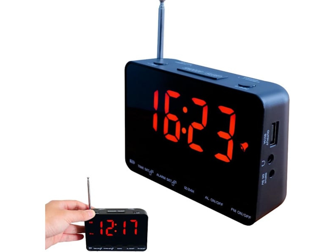 Rádio relógio Fm com Led de 5, 2 Polegadas, Entrada Auxiliar para Fones de Ouvido e Saída Usb BRILVIBERA (moldura Preta e Visor Vermelho)