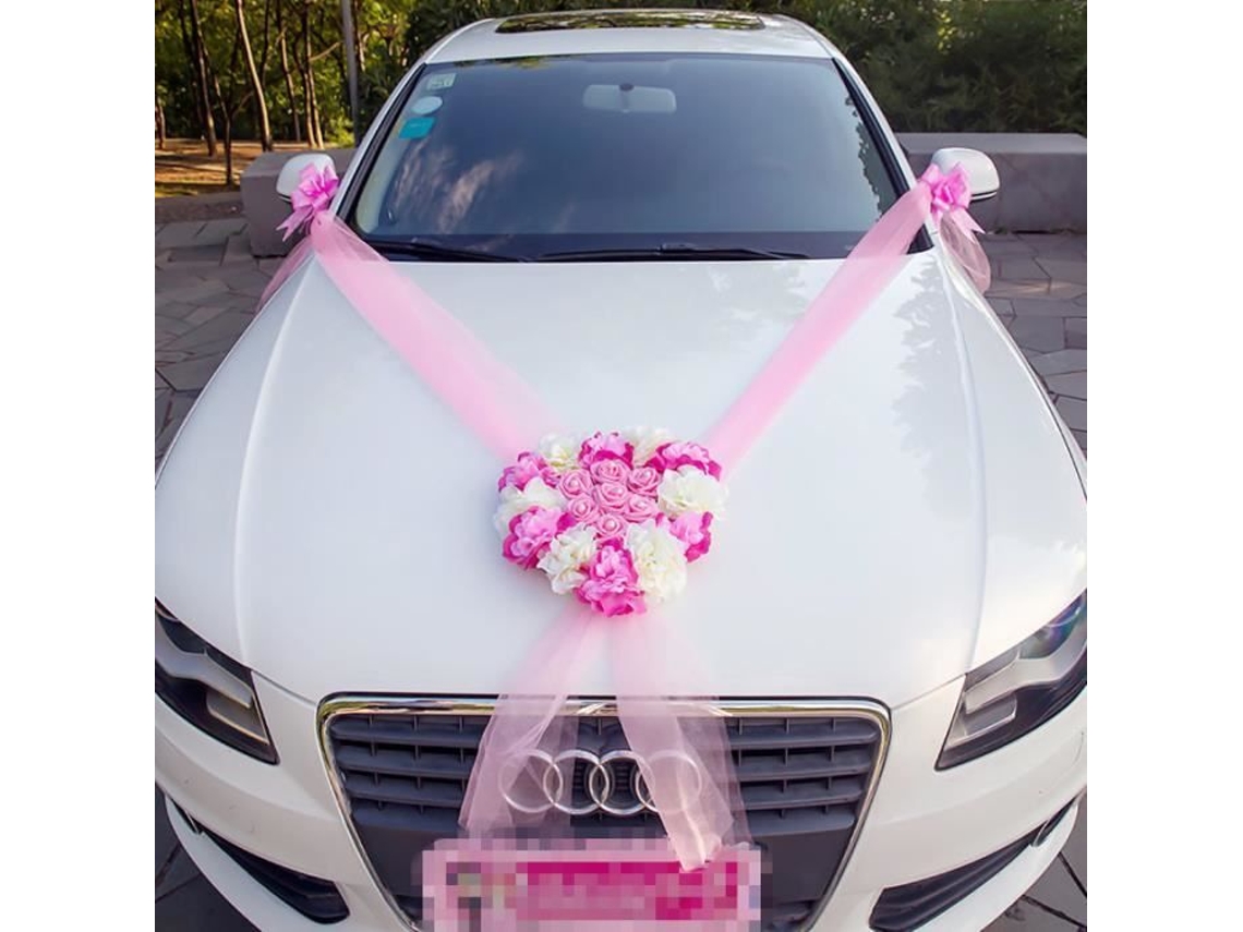 Kit de Decoração de Carro de Casamento de Luxo Fúcsia Rosa Branco 8 Peças Carro dos Noivos Buquê de Flores Tule Flores de Fita