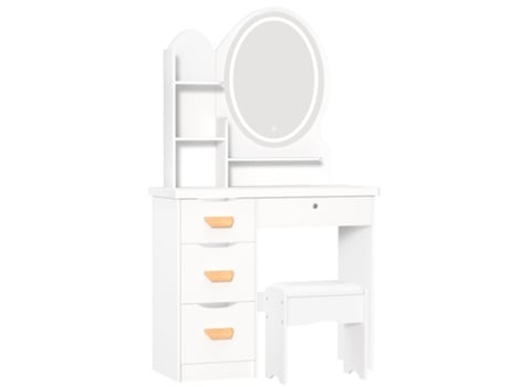Toucador Maquilhagem Flasidu Branco De Madeira (80x36x129cm), Com Espelho Grande Iluminado, Com Banqueta Almofadada