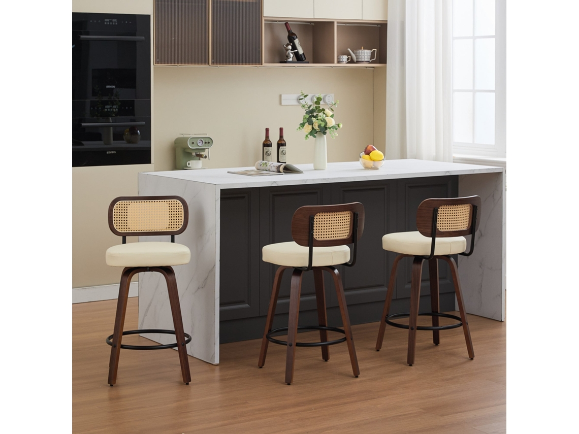 Conjunto 3 Banquetas Vime Giratórias Nogueira Bege 66cm