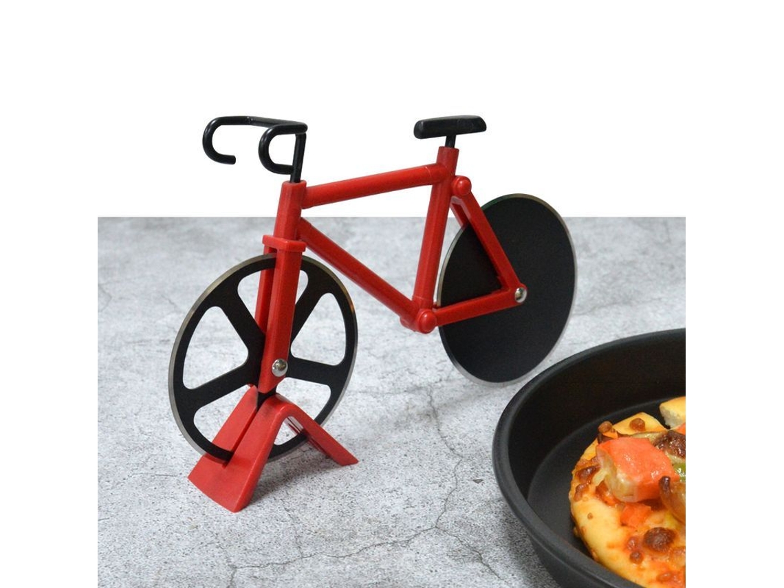 2026 cortador de Pizza em Forma de Bicicleta com Rodas de Aço Inoxidável e Suporte Vermelho