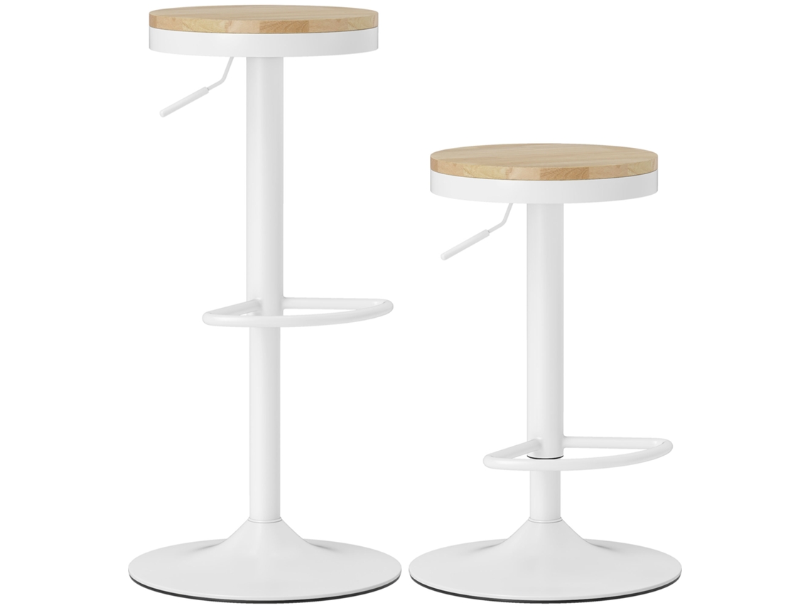 Conjunto De 2 Bancos De Bar Giratórios Bancos Altos De Cozinha Com Descanso Para Pés 38.5x38.5x60-80 Cm Madeira E Branco