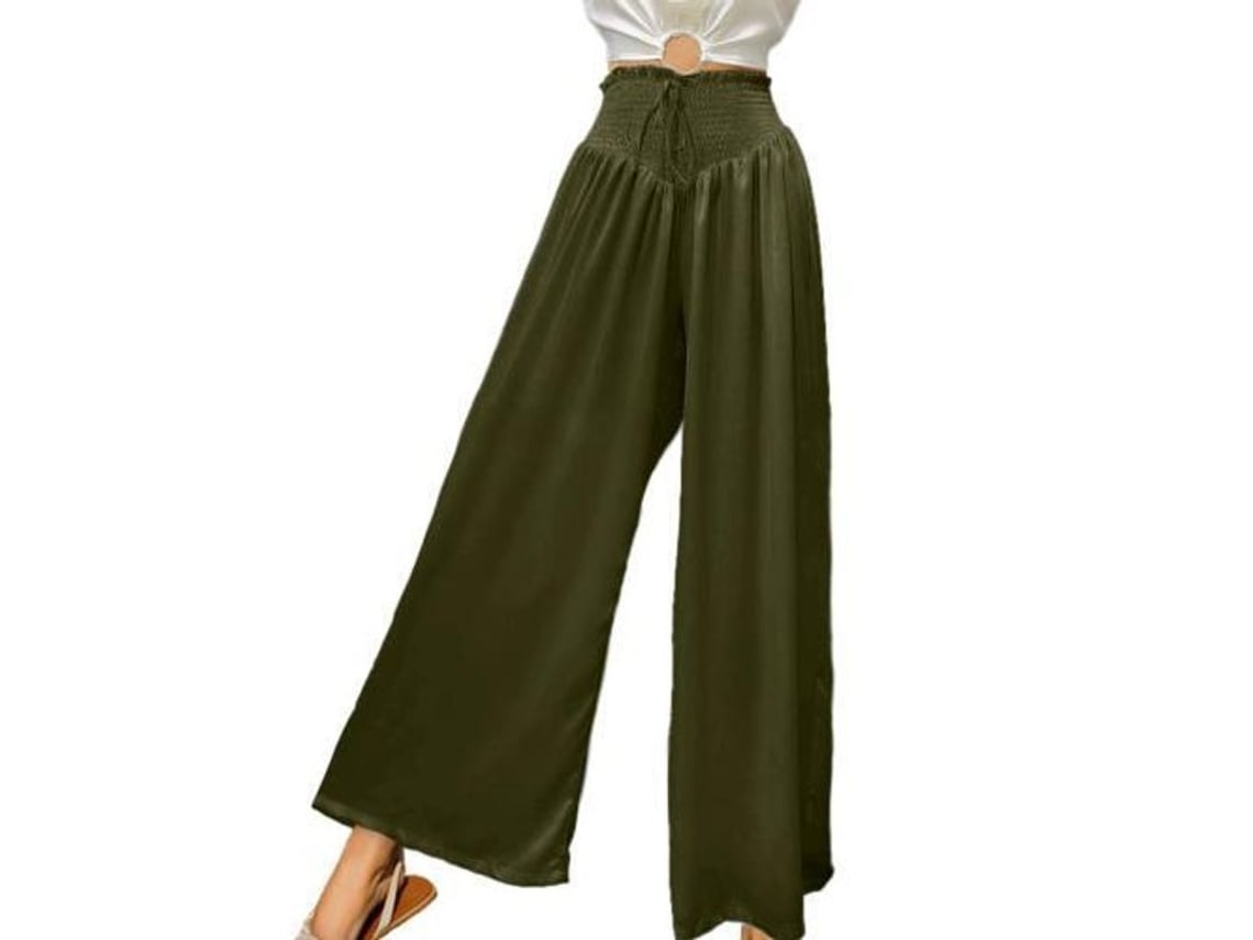Calça feminina casual de verão Rebe com cintura alta elástica, bolsos e pernas largas, tamanho XL, verde militar.