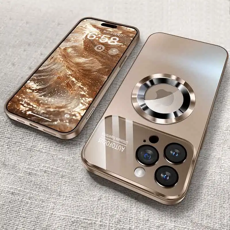 Capa Protetora Com Carregamento Sem Fio Magnético E Lente De Vidro Para Iphone 15 Pro Max (dourada).