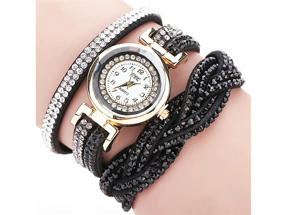 Relógio de Pulso Feminino Multicamada com Strass Pulseira de Quarzo Ccq Preto