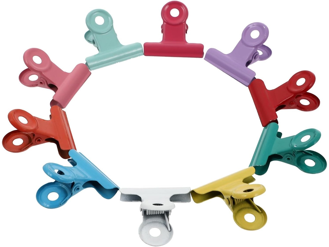 Conjunto de 10 prendedores de mesa de metal, ideais para bolsas de encontros e organização de documentos, resistentes e duráveis.