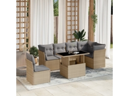 7 Pcs Conjunto De Sofás P/ Jardim Com Almofadões Vime Pe Bege Dkd Home Decor