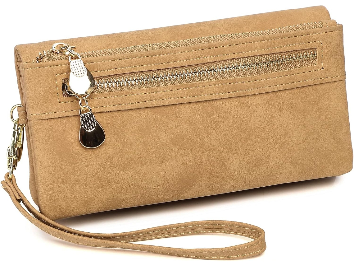 Carteira Longa Feminina Com Alça De Pulso - Clutch Elegante Com Fecho - Bege