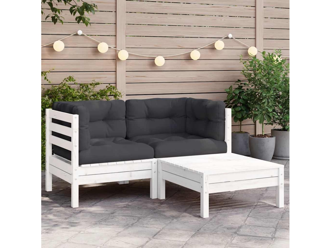 Vidaxl 3 Pcs Conjunto Lounge Jardim C/ Almofadões Pinho Maciço Branco
