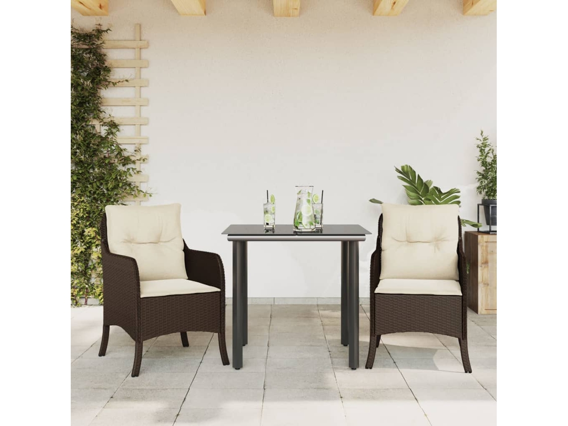 Vidaxl 3 Pcs Conjunto Jantar P/ Jardim C/ Almofadões Vime Pe Castanho