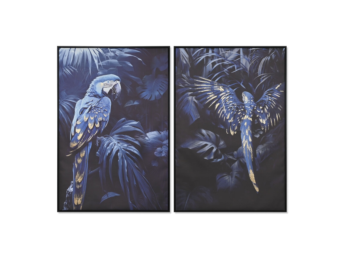 Pintura HOME ESPRIT Azul Preto Dourado Papagaio Tropical 83 x 4 x 123 cm (2 Unidades)