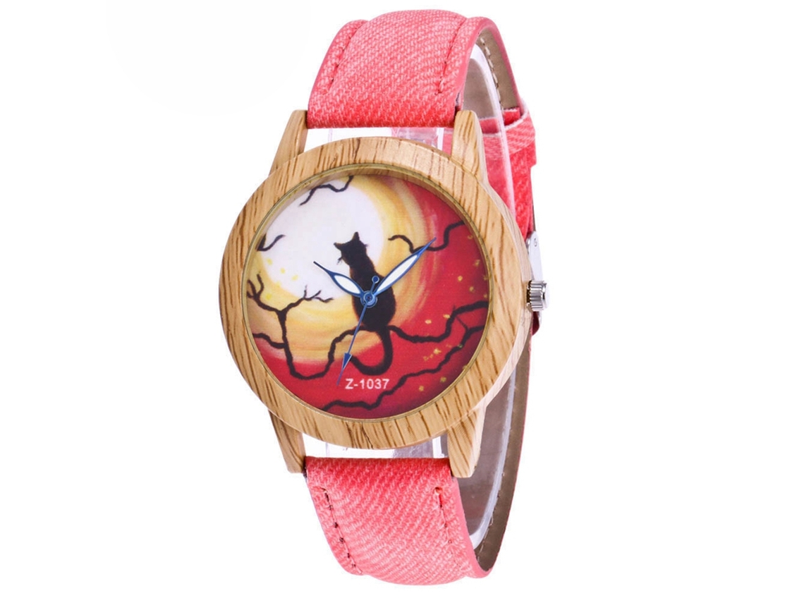 Relógio de quartzo de liga metálica com textura de madeira, gato, Halloween Zhoulianfa rosa