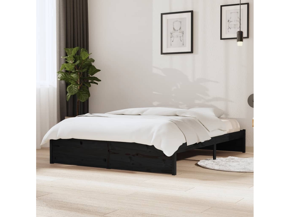 Estrutura De Cama 140x190 Cm Madeira Maciça Preto