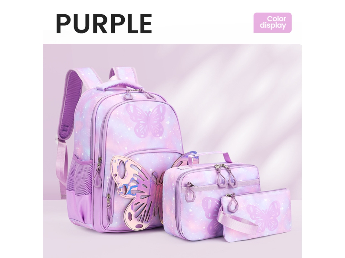 Conjunto De 3 Peças De Mochila Infantil Com Padrão De Borboletas Roxas E Céu Estrelado, Incluindo Lancheira E Estojo