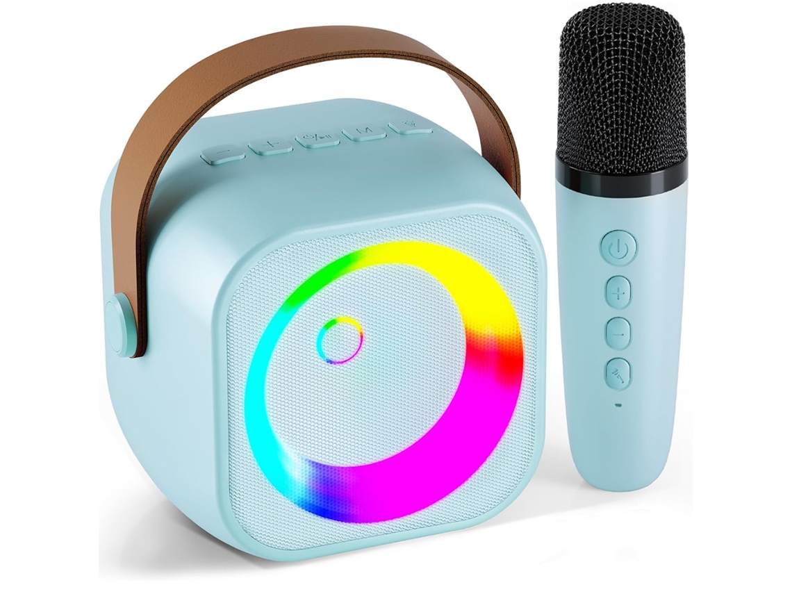 Máquina De Karaokê, Mini Caixa De Som Portátil Bluetooth Com 1 Microfone Sem Fio E Cor Azul Claro Aquaforge