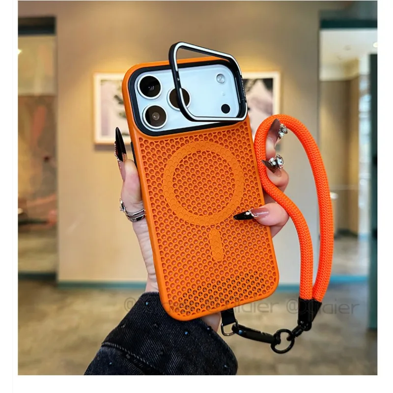 Capa Magnética Para Iphone 14 (laranja) Com Suporte E Alça De Pulso Para Proteção Contra Impactos.