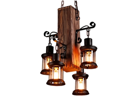 Lustre Americano de Estilo Industrial de Madeira Retrô de 4 Cabeças Adequado para Restaurantes e Mesas de Bar SLD