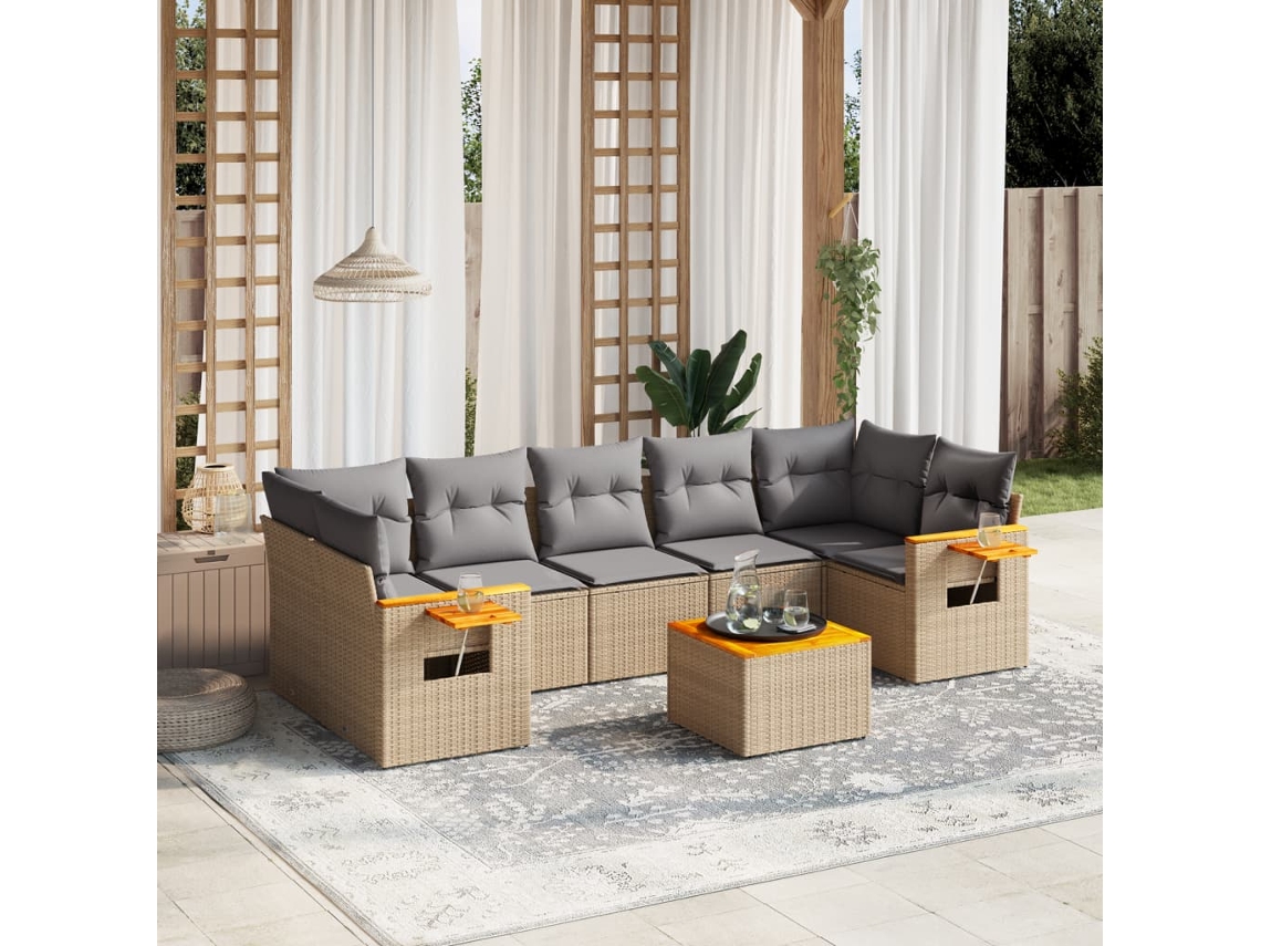 Vidaxl 8 Pcs Conjunto De Sofás P/ Jardim Com Almofadões Vime Pe Bege