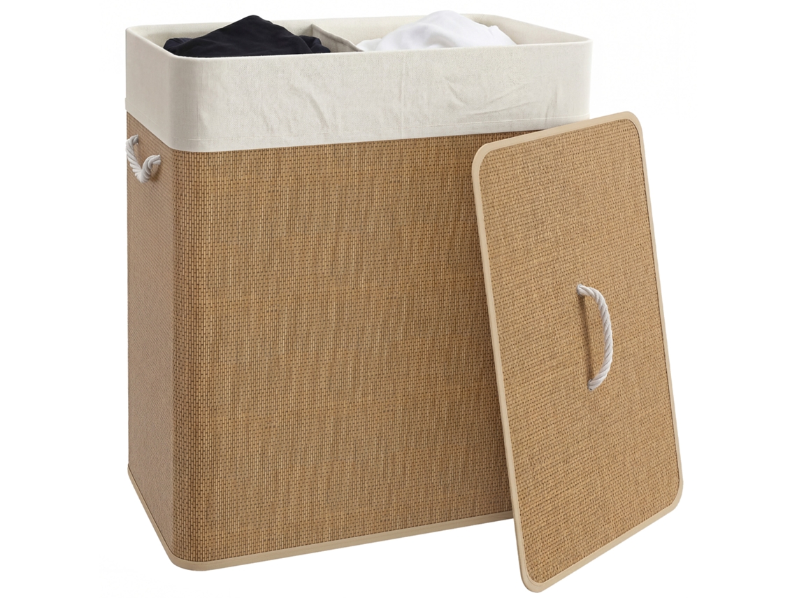 Cesto de Roupa com Tampa 100l de Bambu com 2 Compartimentos Bolsa Interior Amóvivel 52x32x63cm Marrom e Creme