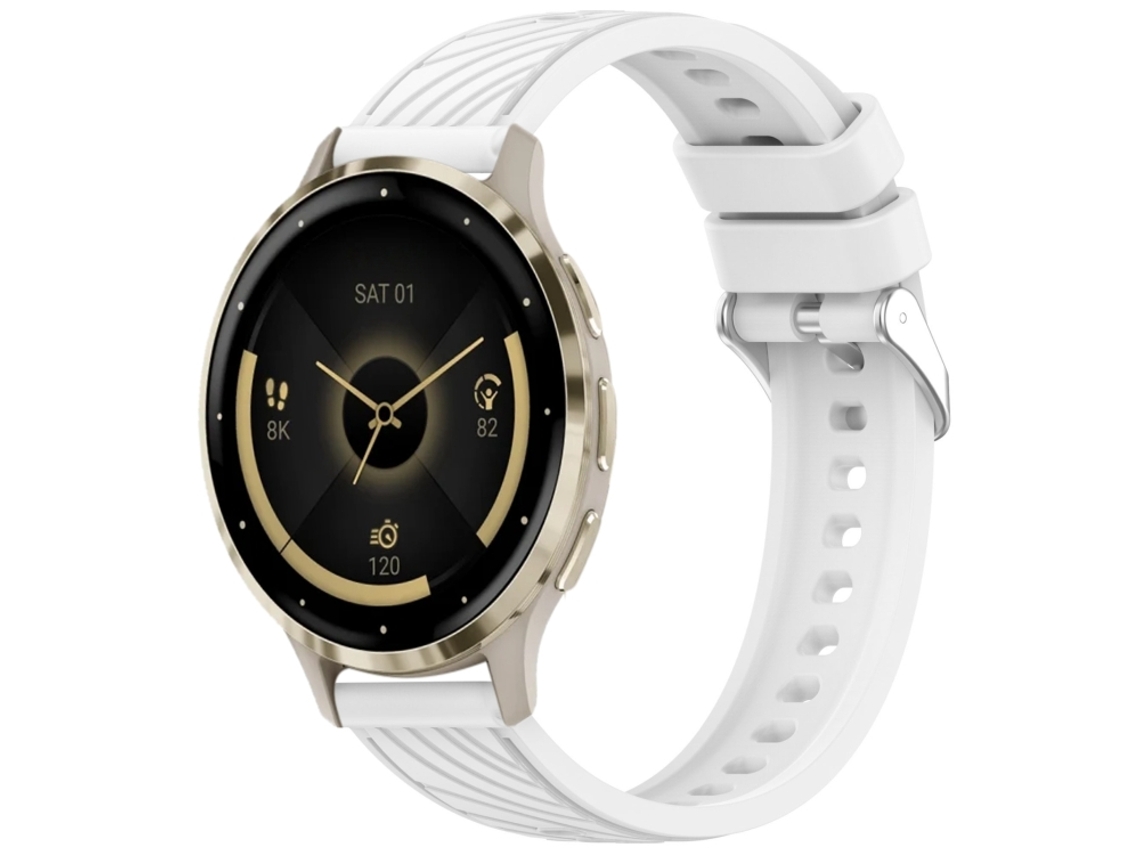 Bracelete Para Garmin Venu 3s (18mm) - Silicone - Textura Listrada - Fivela De Aço Prate Branco