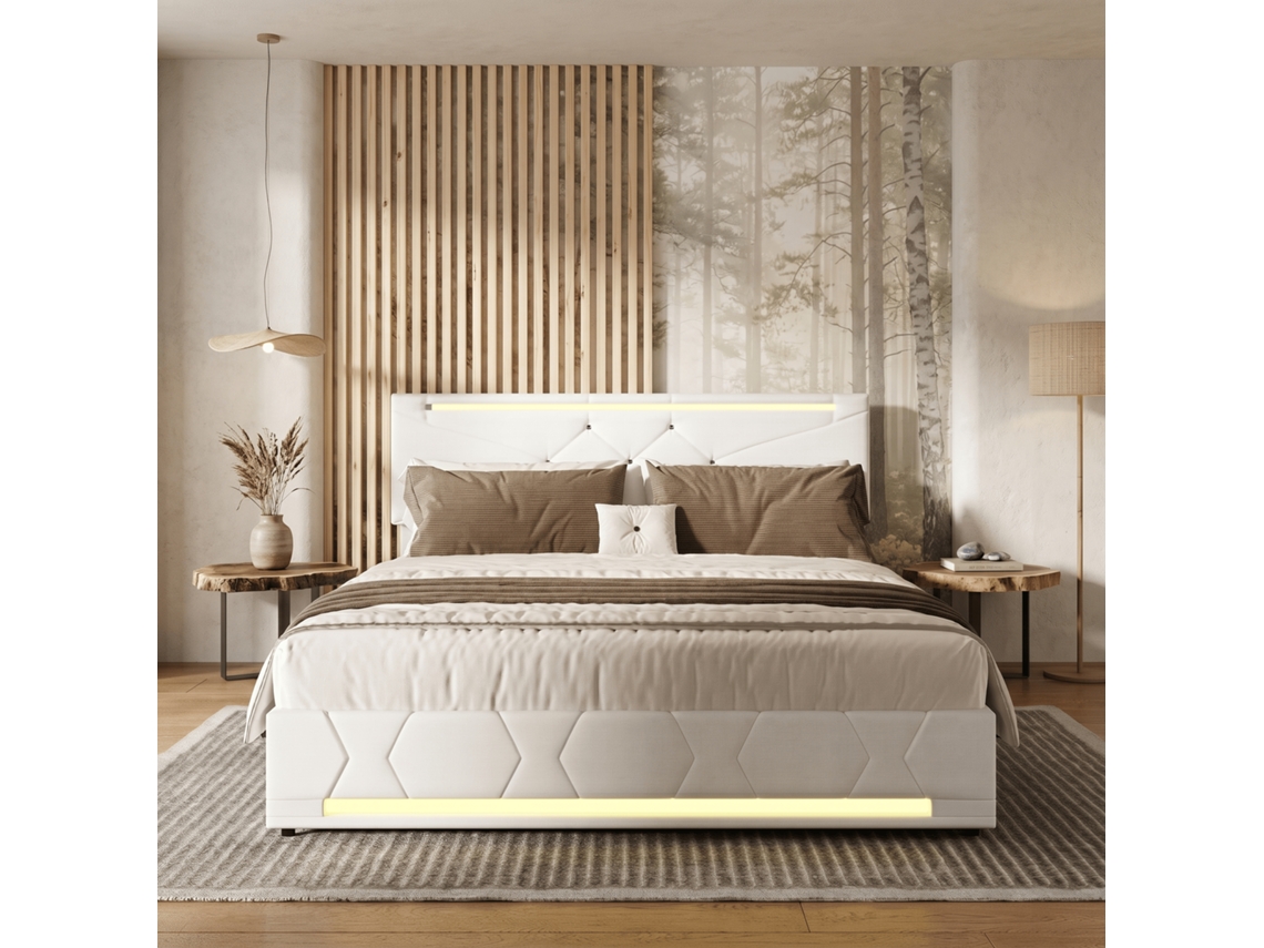 Cama Casal RESETIZE, 140x190 Cm, Armazenamento, Linho, Usb C