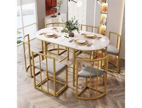 Conjunto De Mesa De Jantar E Seis Cadeiras Mesa Em Mdf Branco, Cadeiras Com Encosto E Almofadas Cinza Dourado Dreammespace (140x80cm)